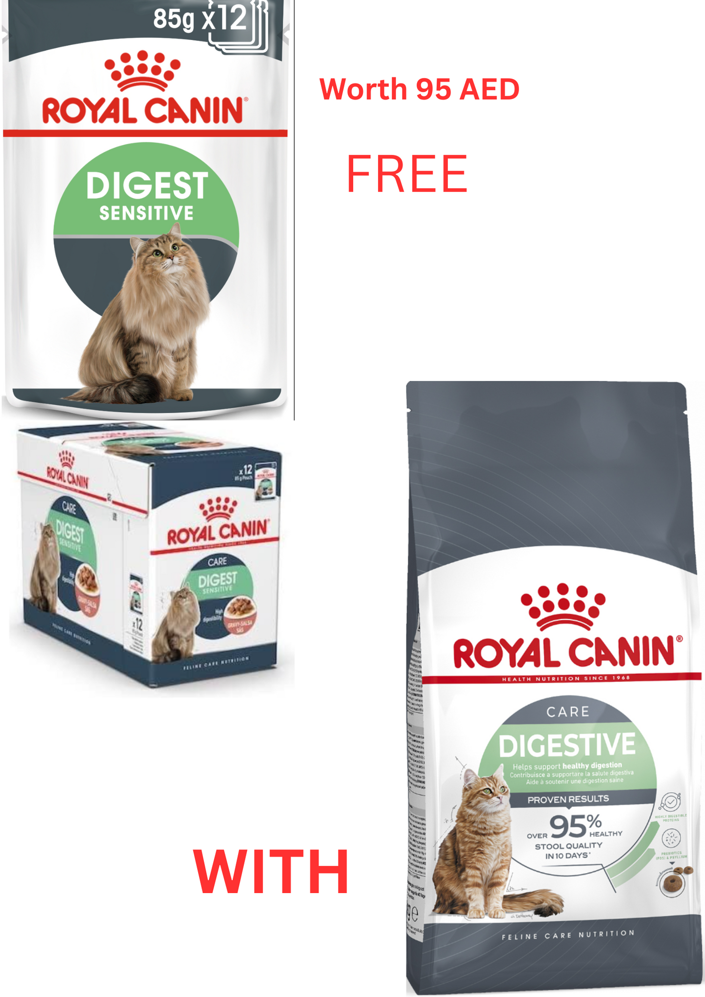 Buy a Royal Canin Feline Care Nutrition Digestive Care 2 kg and GET FREE Royal Canin Feline Care Nutrition Digest Sensitive Gravy (Wet Food - Pouches) 12 x 85 gm