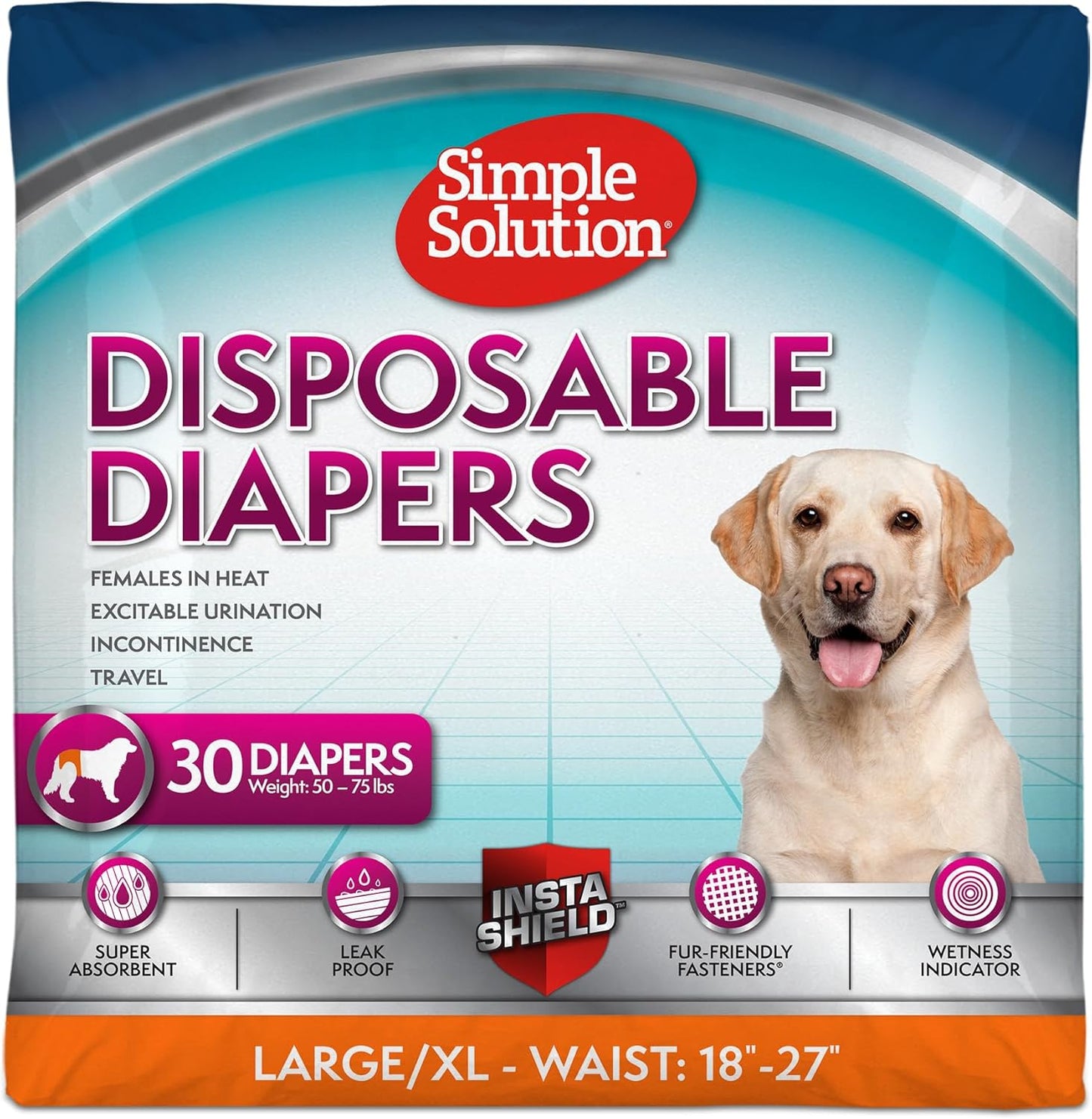 Simple Solution True Fit Disposable Dog Diapers For Female Dogs | Super Absorbent With Wetness Indicator | L/XL | 30 Count
