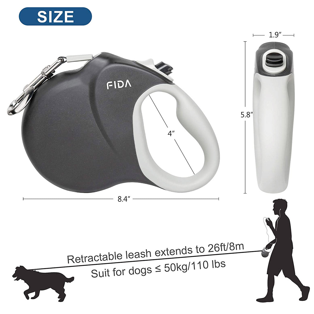 Fida Heavy Duty Retractable Dog leash 26ft (8m)