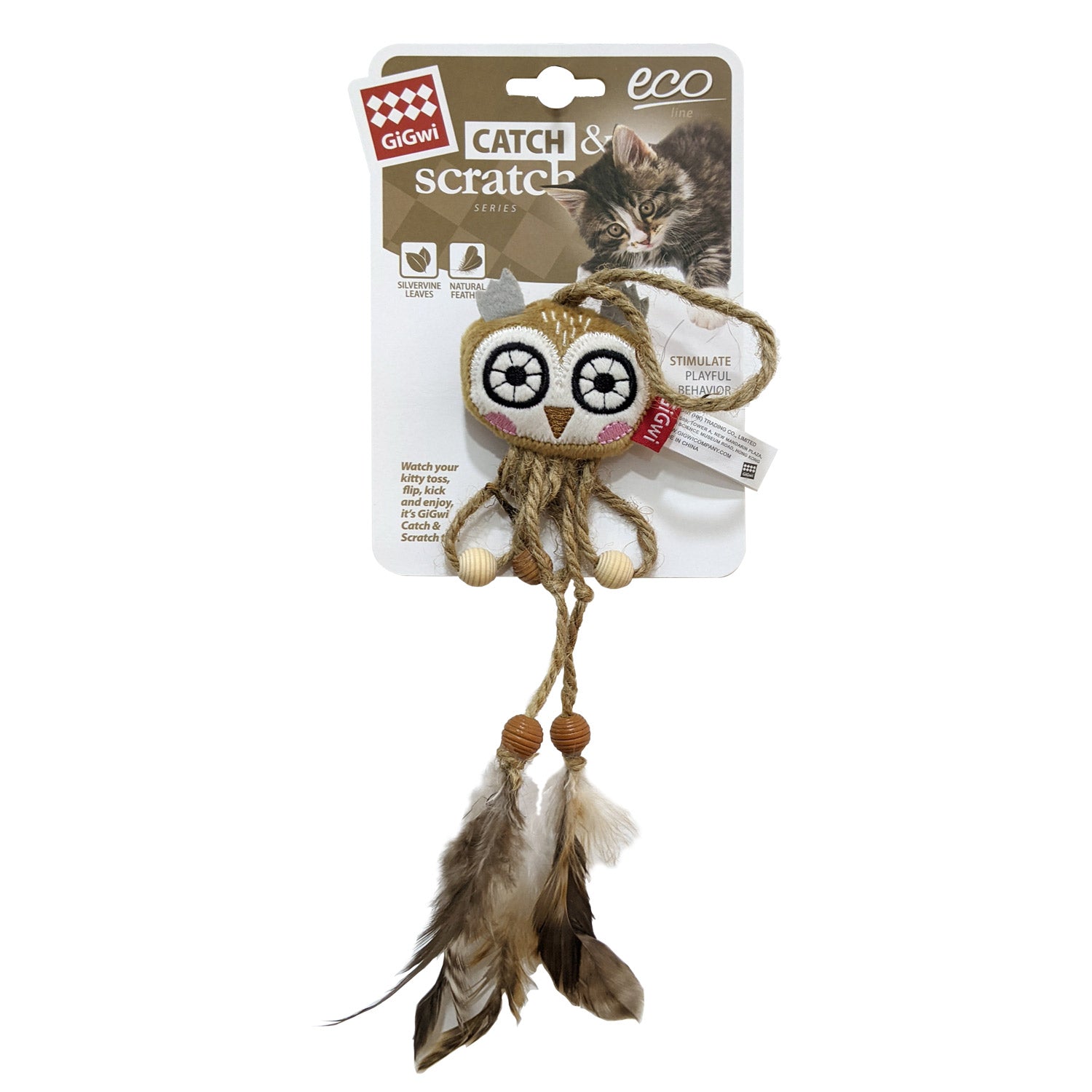 Owl Catch  &  Scratch Eco line with Slivervine Leaves and Natural Feather