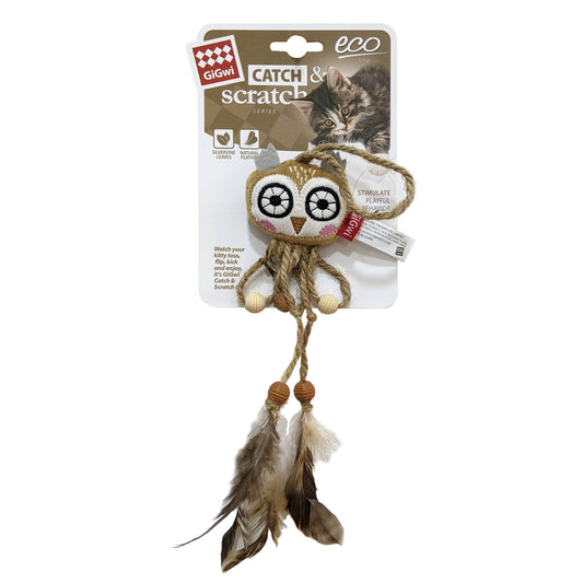 Owl Catch  &  Scratch Eco line with Slivervine Leaves and Natural Feather