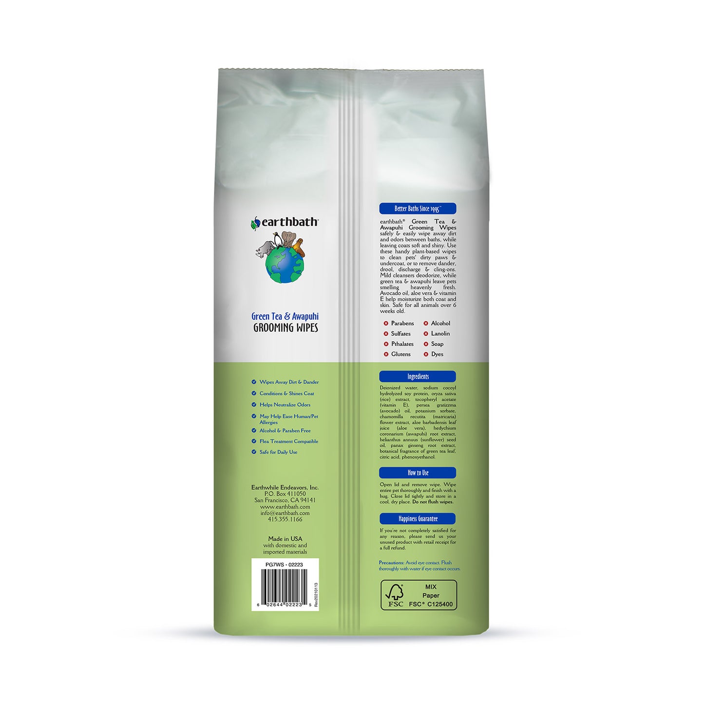 earthbath® Grooming Wipes, Green Tea  &  Awapuhi, 100 ct