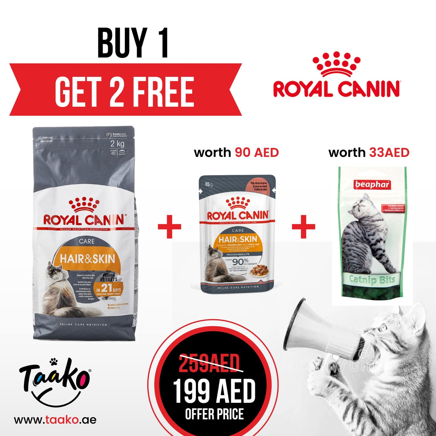 Buy 1 Get 2 Free. Buy a Royal Canin Feline Care Nutrition Hair & Skin 2 kg and GET FREE Royal Canin Feline Care Nutrition Hair & Skin Gravy (Wet Food - Pouches) 12 x 85 gm and also GET FREE Beaphar Catnip Bits 35Gm/ 75 Healthy Cat Treats