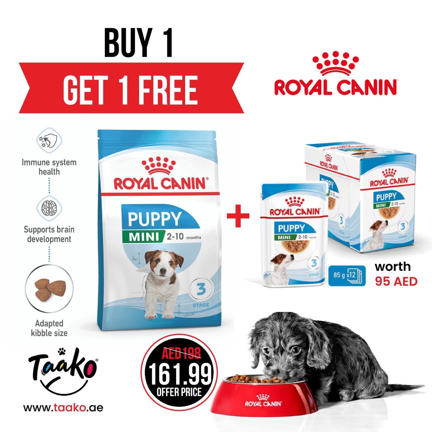 Buy Royal Canin Size Health Nutrition Mini Puppy 2 kg and GET FREE Royal Canin Size Health Nutrition Mini Puppy (Wet Food - Pouches) 12 x 85 gm