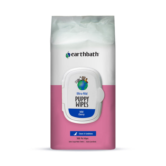 earthbath Ultra Mild Puppy Wipes Wild Cherry Cleans & Conditions 100 ct plant based wipes in re sealable pouch