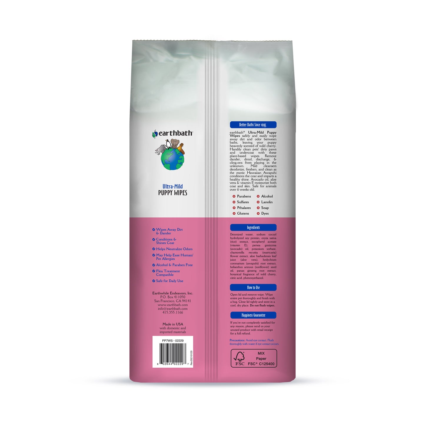 earthbath® Ultra-Mild Puppy Wipes, Wild Cherry, Cleans  &  Conditions, 100 ct plant-based wipes in re-sealable pouch