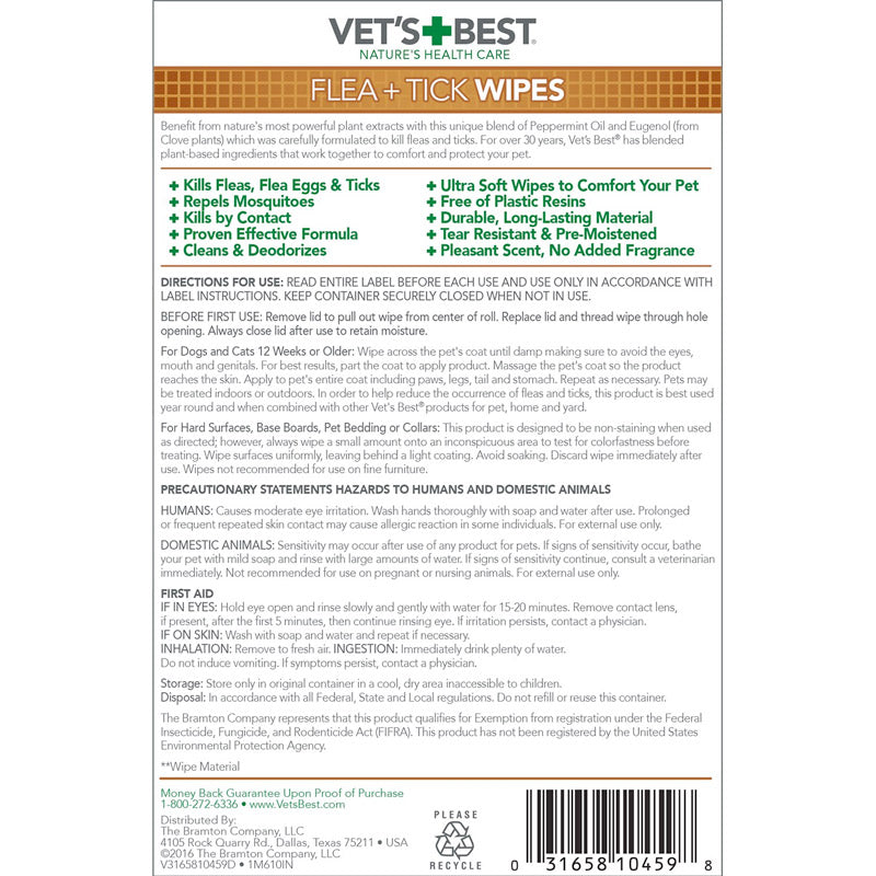 Vet's Best Flea + Tick Dog & Cat Wipes, 50 count