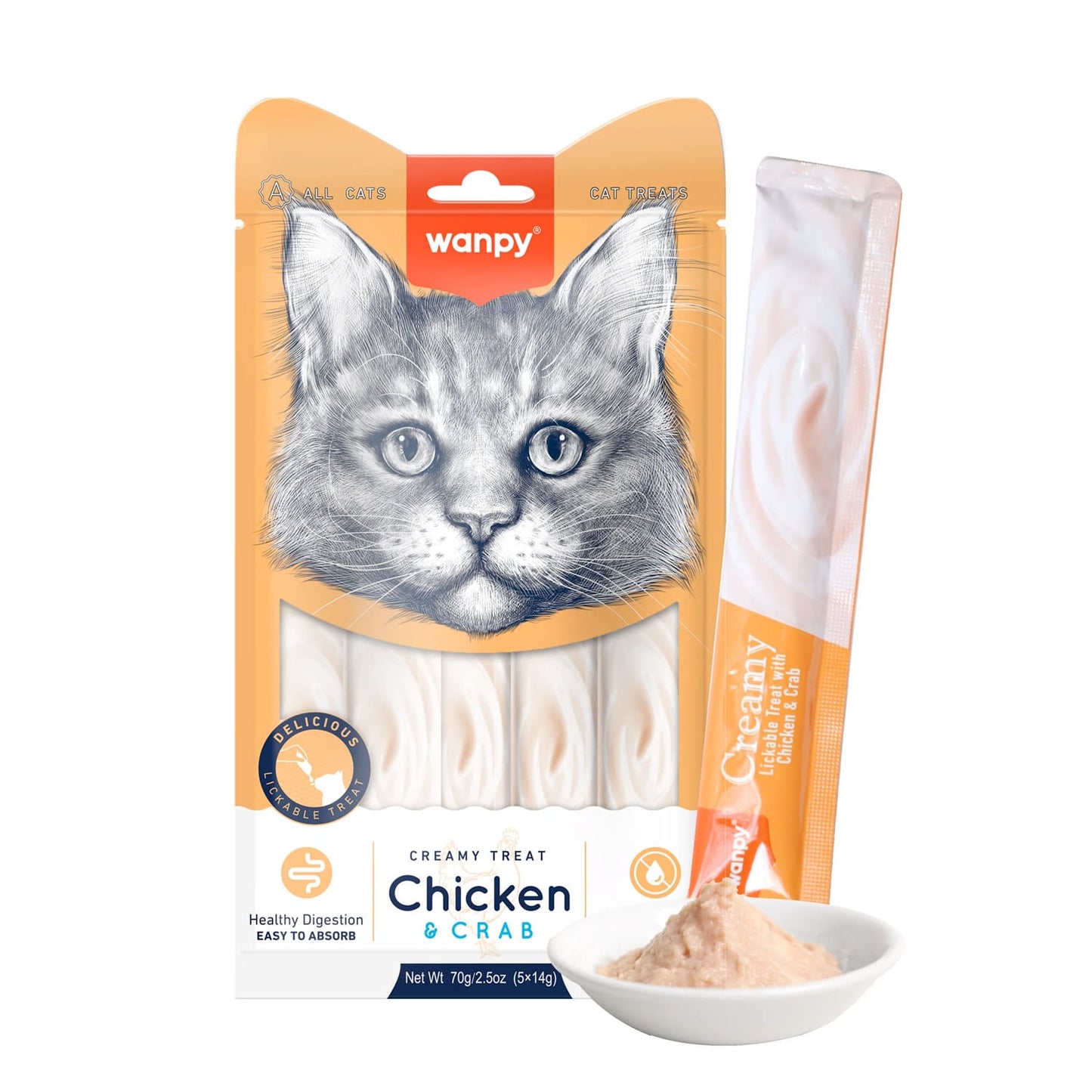 Wanpy Creamy Lickable Cat Treats - Chicken & Crab (14gx5)