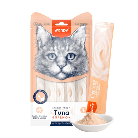 Wanpy Creamy Lickable Cat Treats  Tuna & Salmon (14gx5)