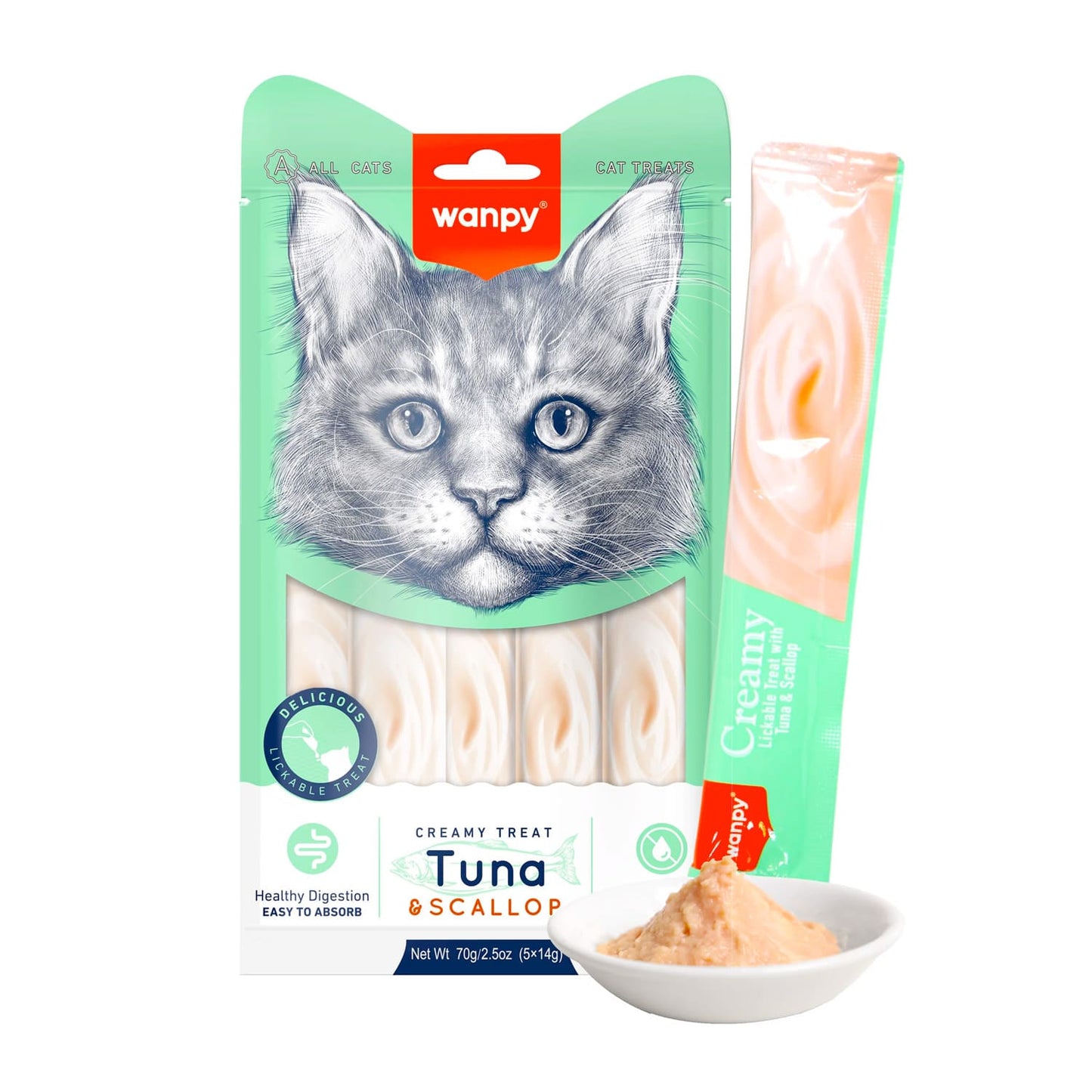 Wanpy Creamy Lickable Cat Treats - Tuna & Scallop (14gx5)