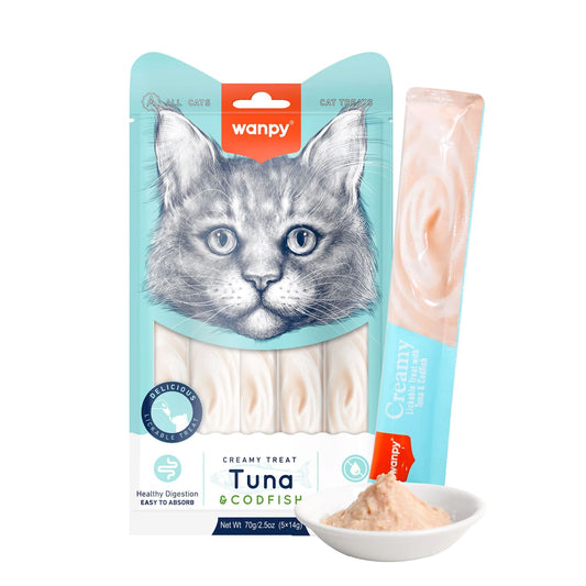 Wanpy Creamy Lickable Cat Treats  Tuna & Codfish (14gx5)