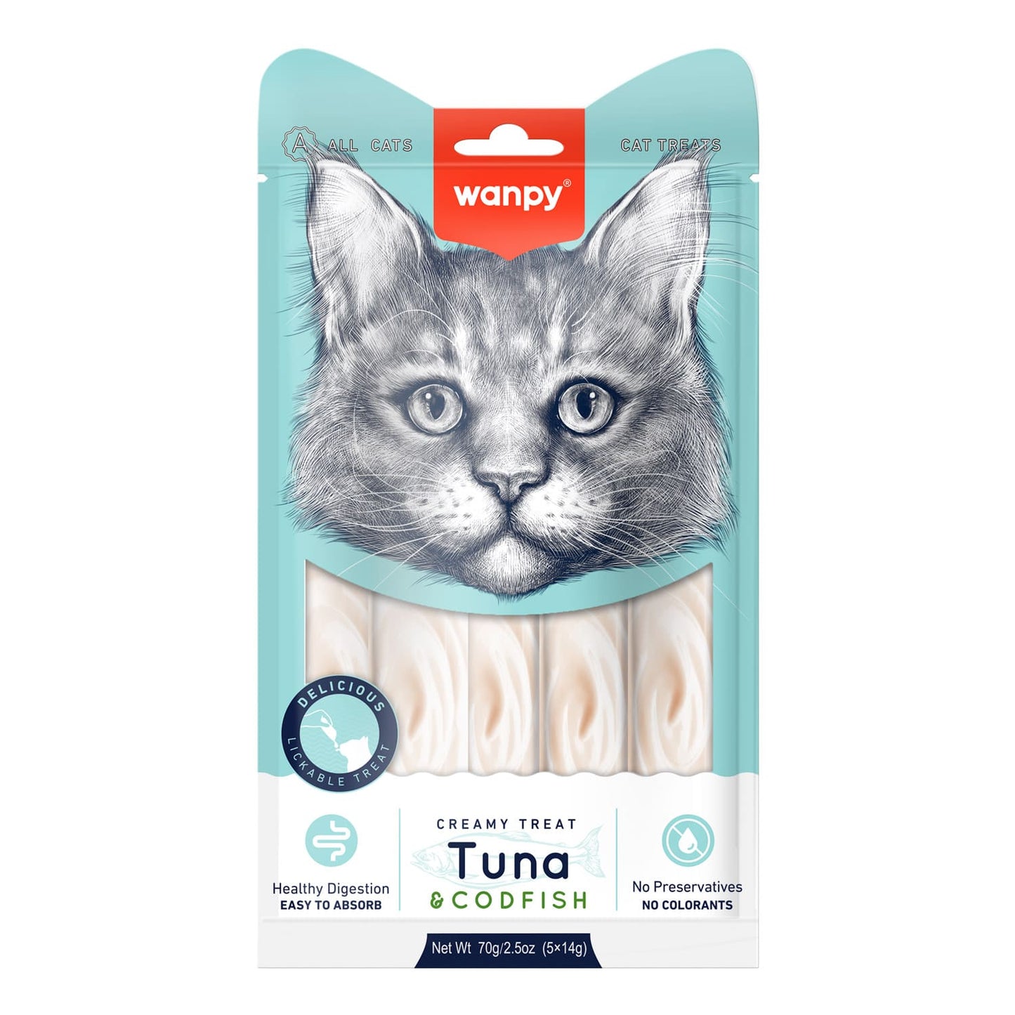 Wanpy Creamy Lickable Cat Treats - Tuna  &  Codfish (14gx5)