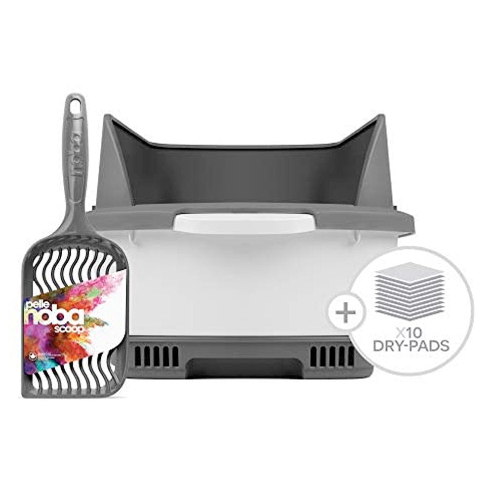 Cateco Cat Litter Box Complete Starter Kit with Height Extension, 10 Dry-Pads and Scoop - Grey