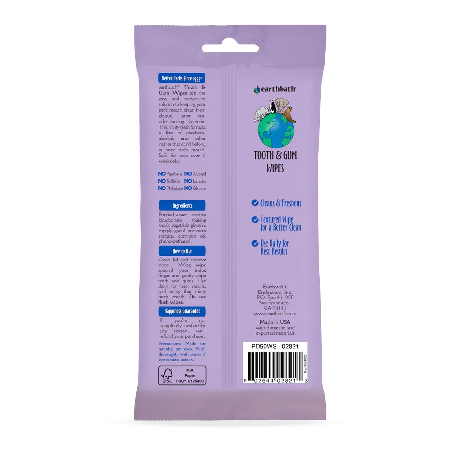 Earthbath Tooth & Gum Wipes - 50 Pet Wipes