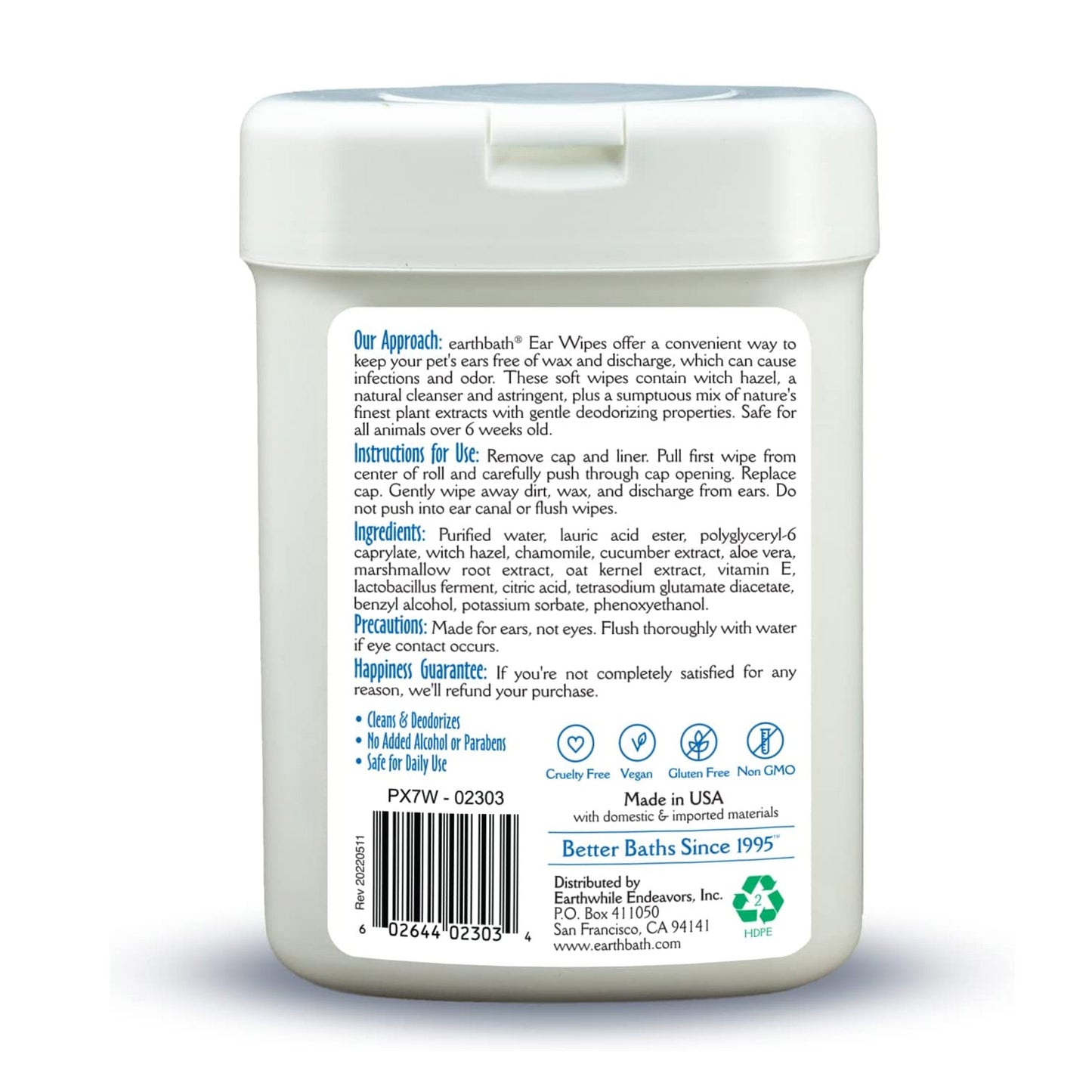 earthbath® Ear Wipes with Witch Hazel for Dogs, Cats, Puppies  &  Kittens, 25 ct re-sealable container