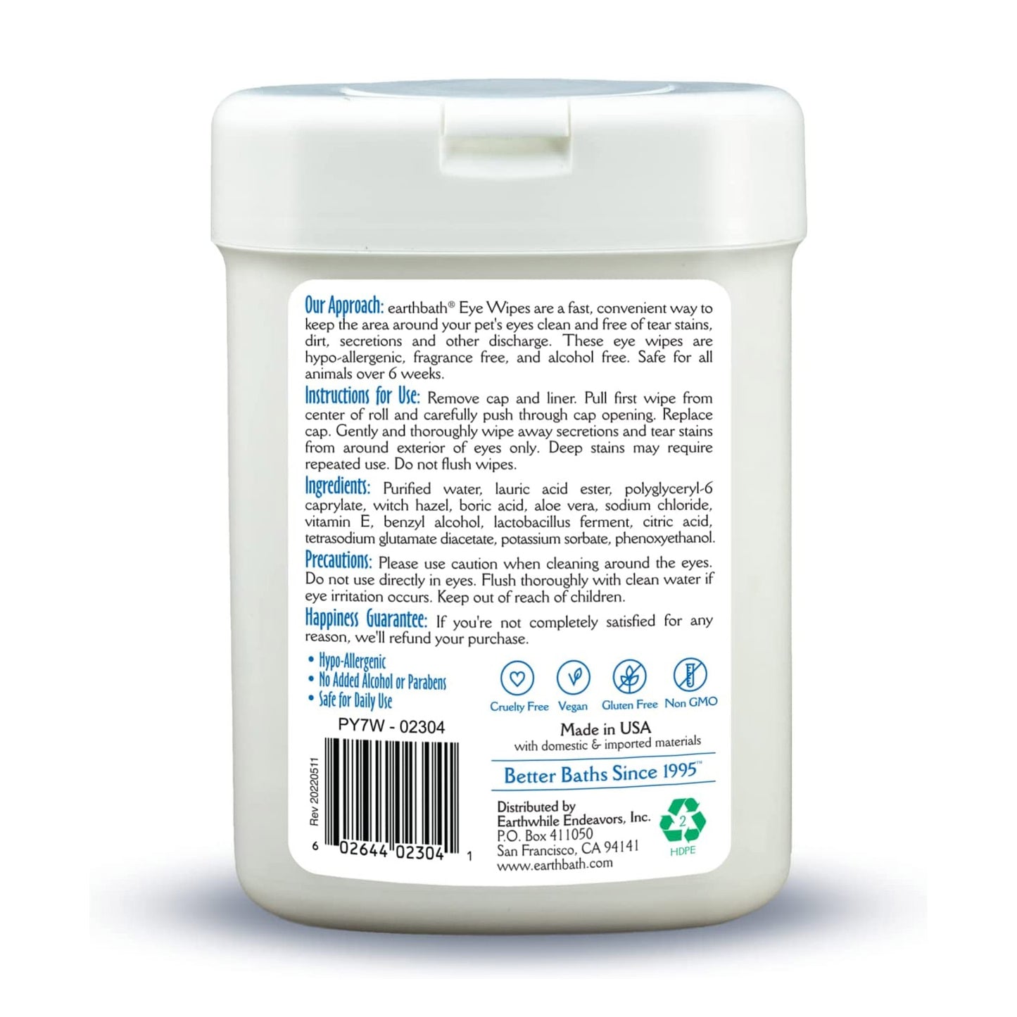 earthbath® Eye Wipes, Hypo-Allergenic Fragrance Free for Dogs, Cats, Puppies  &  Kittens, 25 ct re-sealable container