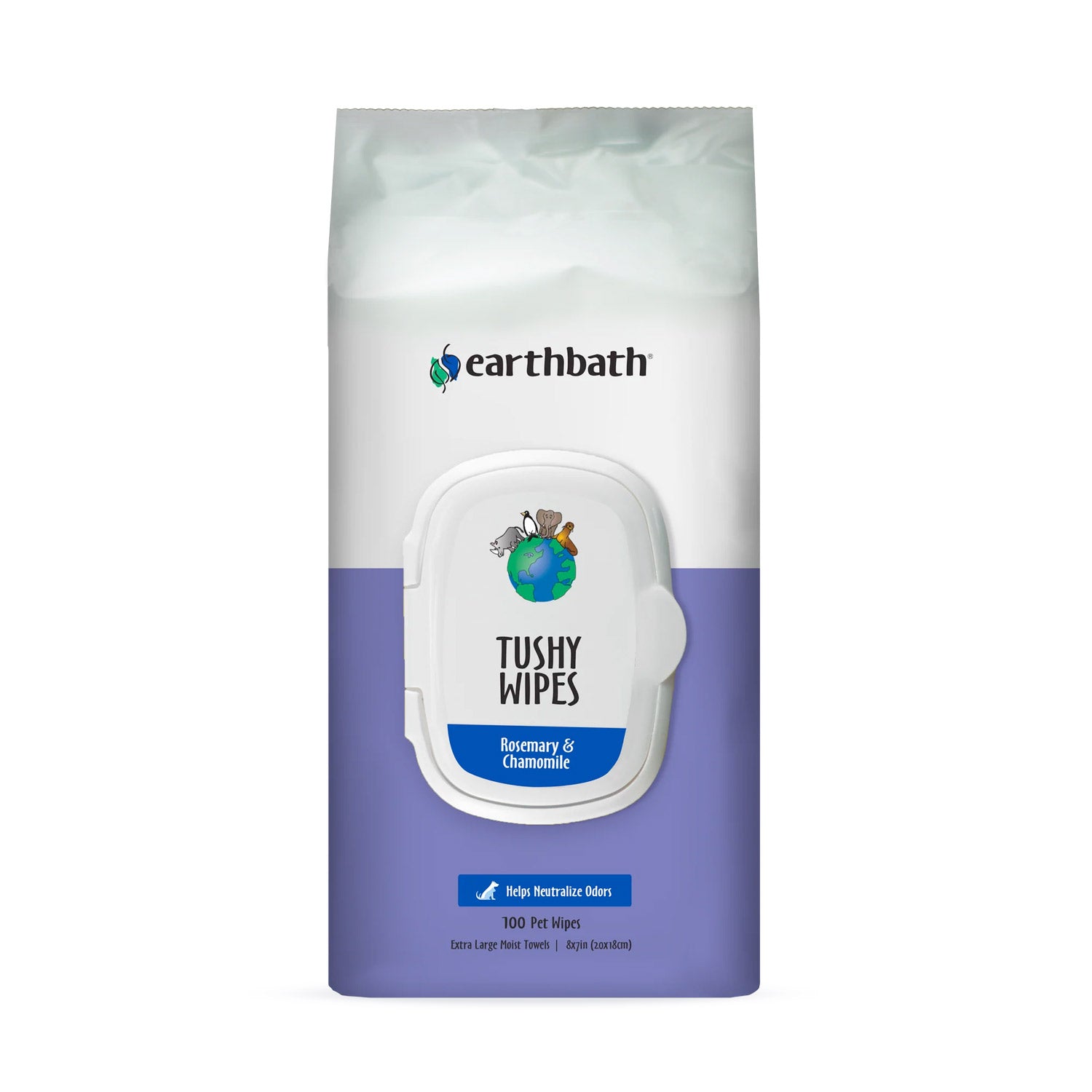 earthbath Tushy Wipes Rosemary & Chamomile Odor Eating Enzymes & Baking Soda 100 CT wipes in re sealable pouch