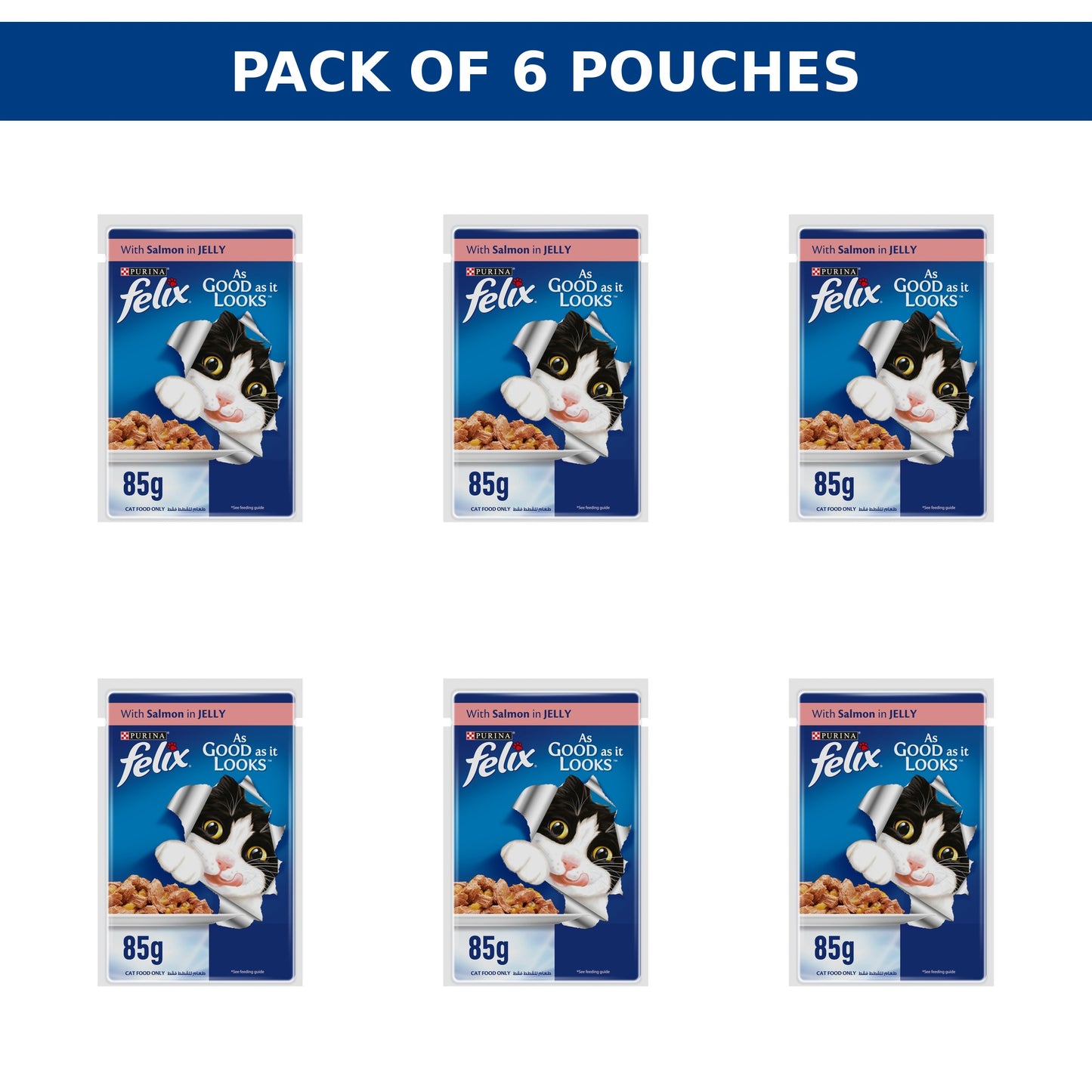(85g) (Pack of 6 Pouches) Purina Felix Adult Cat Food with Salmon in Jelly – Wet Cat Food for Adult Cats