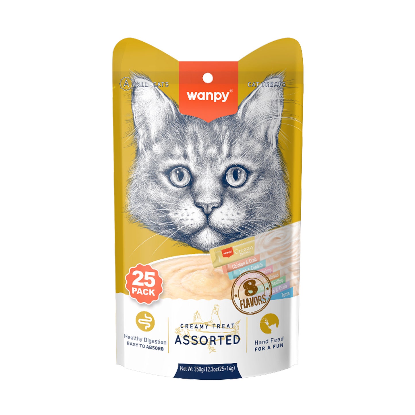 Wanpy Creamy Lickable Cat Treats  Assorted - 8 Different Flavors  (14g x 25pc)