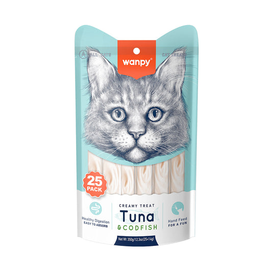 Wanpy Creamy Lickable Cat Treats - Tuna & Codfish (14g x 25pc)