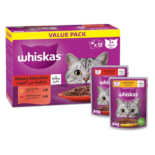 Whiskas Meaty Selection in Gravy Wet Cat Food 10+2 Multipack - 12X80G