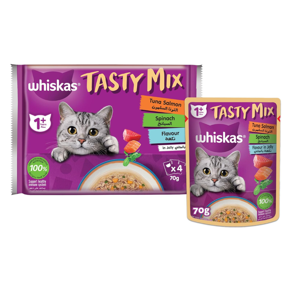 Whiskas Tasty Mix Tuna, Salmon & Spinach in Jelly Wet Cat Food - 4X70G