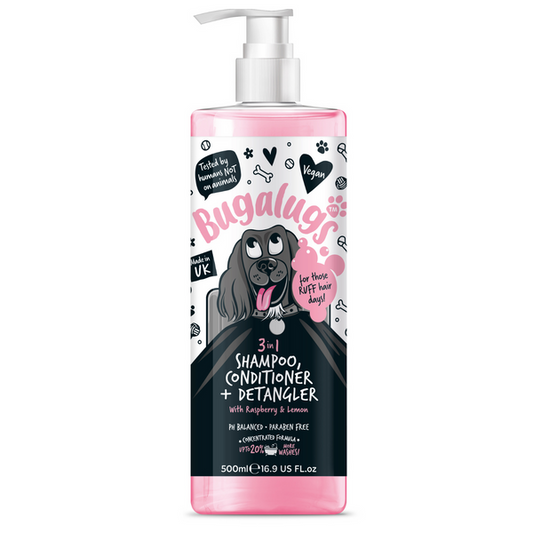 Bugalugs 3 in 1 Raspberry & Lemon Shampoo Conditioner & Detangler for Dogs - 500ML