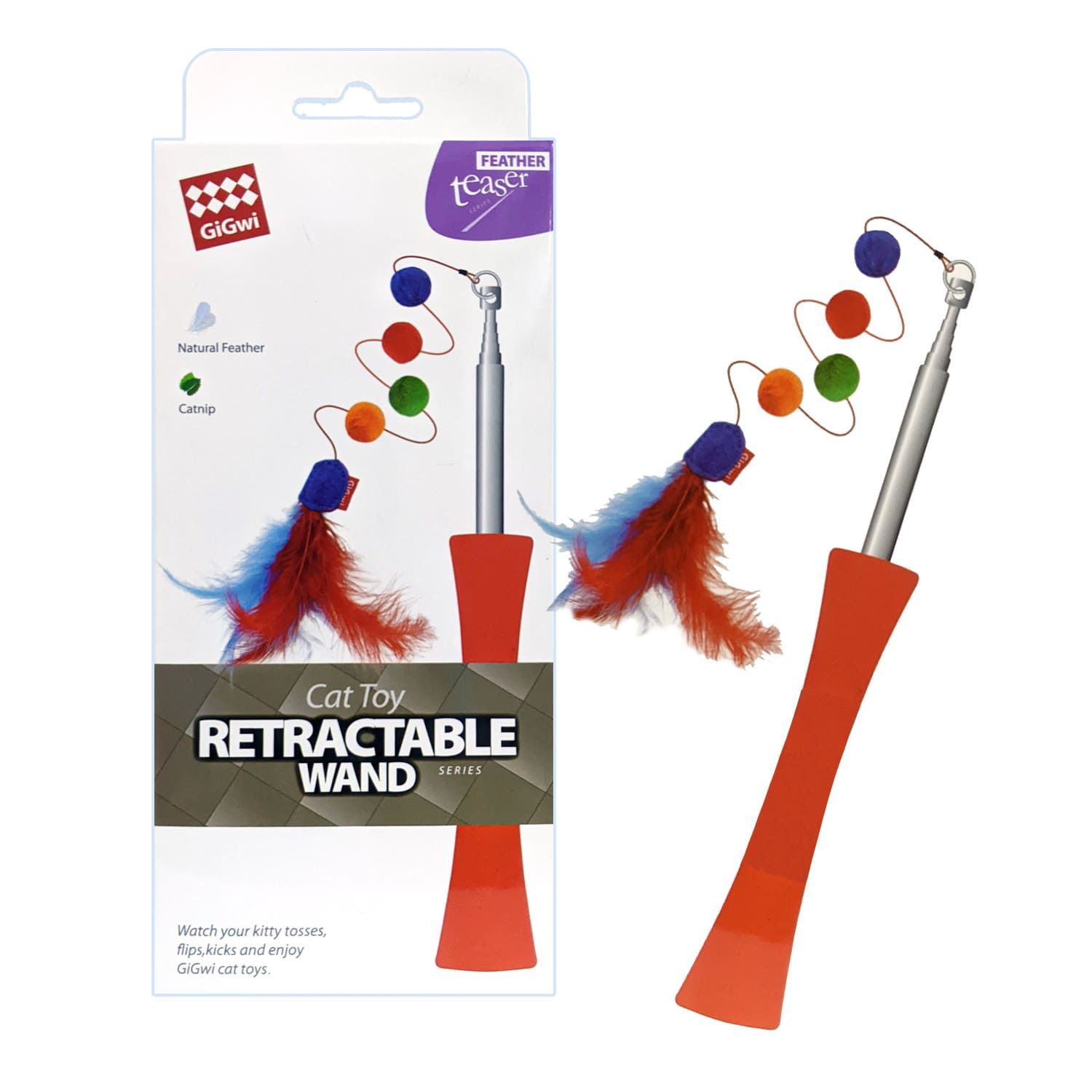 Extendable Catwand Feather Teaser with rattle and tpr handle