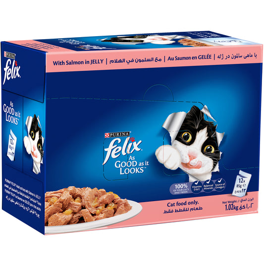 (85g) (Pack of 6 Pouches) Purina Felix Adult Cat Food with Salmon in Jelly – Wet Cat Food for Adult Cats