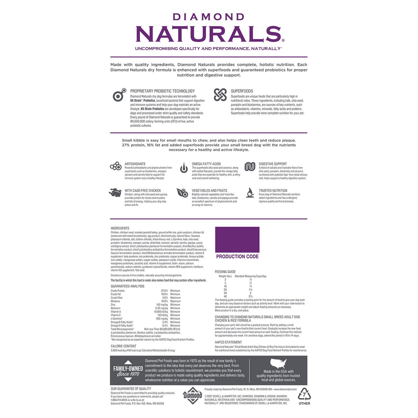 Diamond Naturals Small Breed Adult Dog Chicken  &  Rice Formula - 2Kg (4.40 lbs)