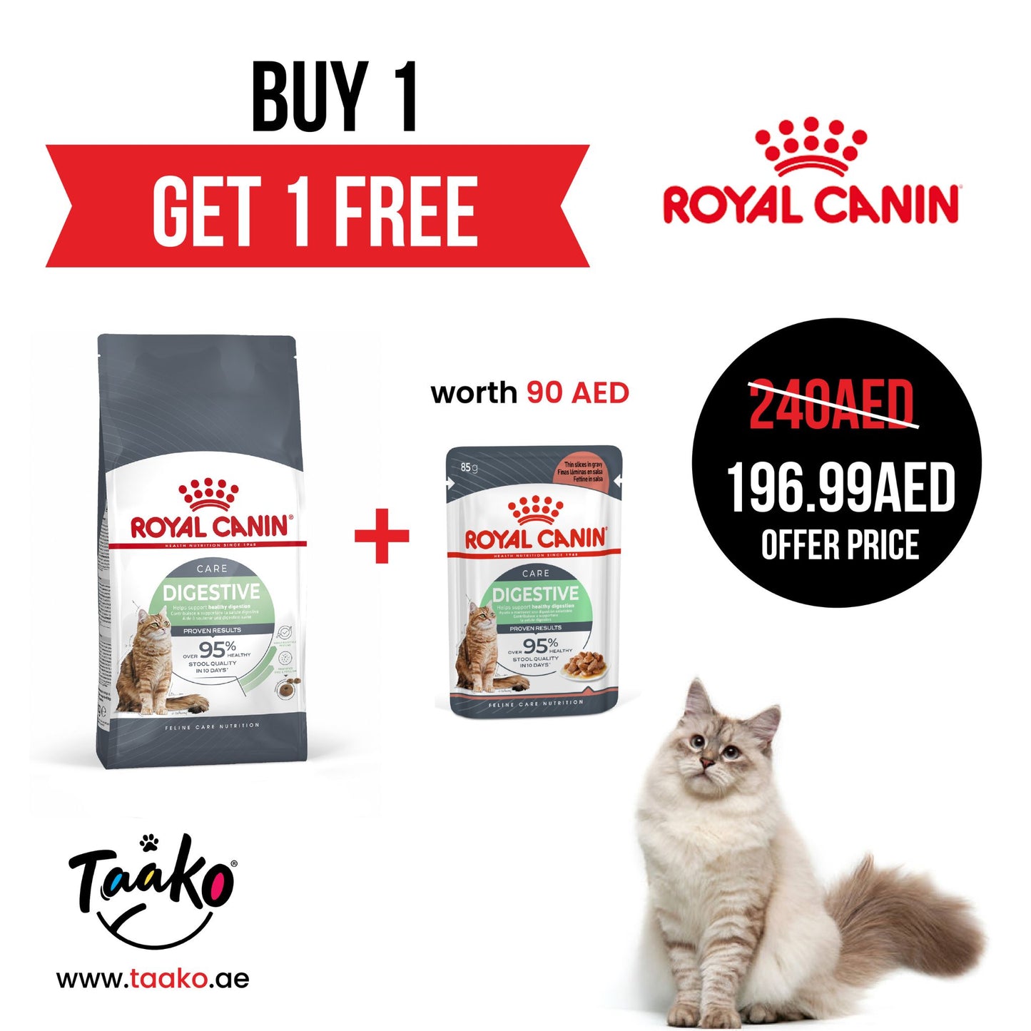 Buy a Royal Canin Feline Care Nutrition Digestive Care 2 kg and GET FREE Royal Canin Feline Care Nutrition Digest Sensitive Gravy (Wet Food - Pouches) 12 x 85 gm