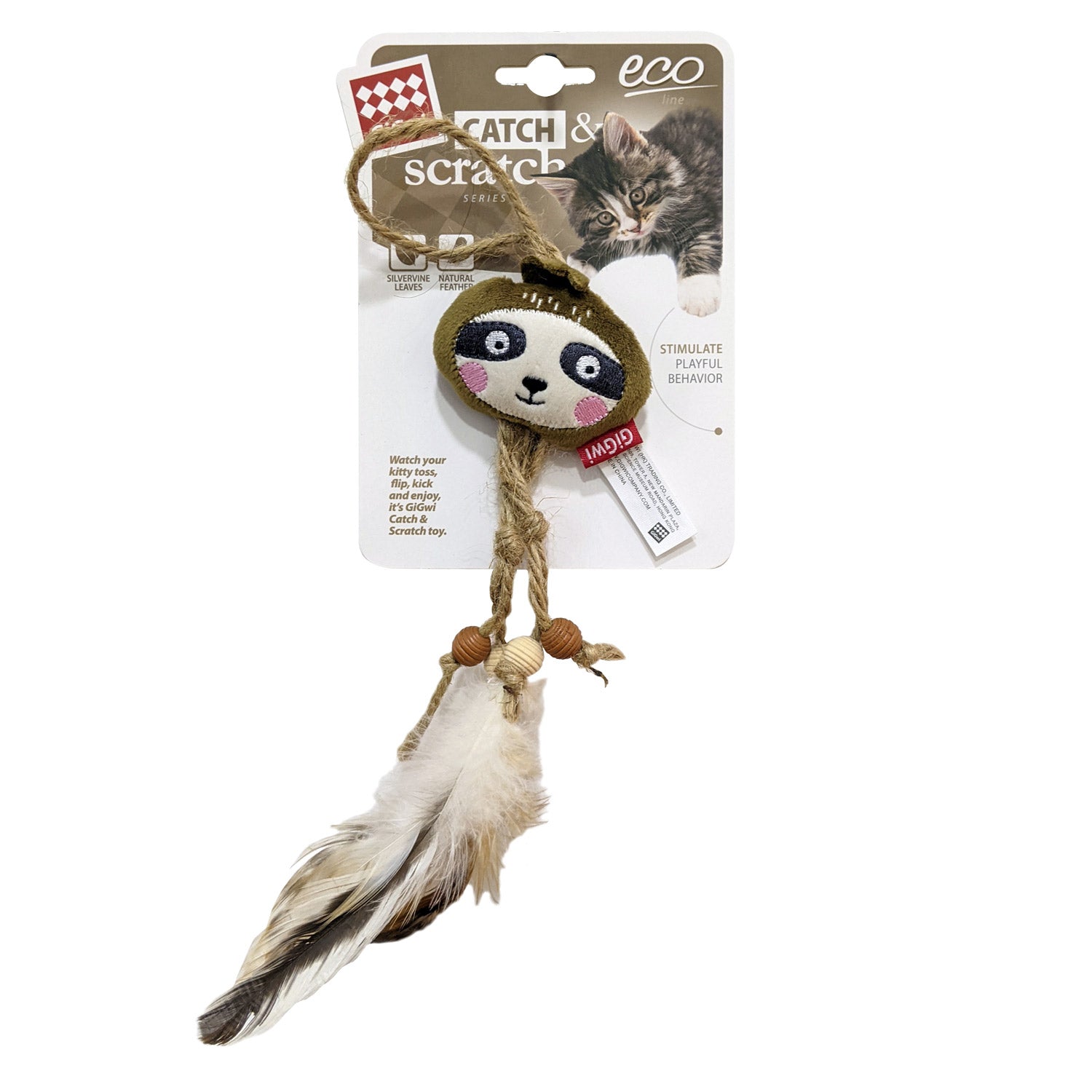 Sloth Catch &amp; Scratch Eco line with Slivervine Leaves and Natural Feather