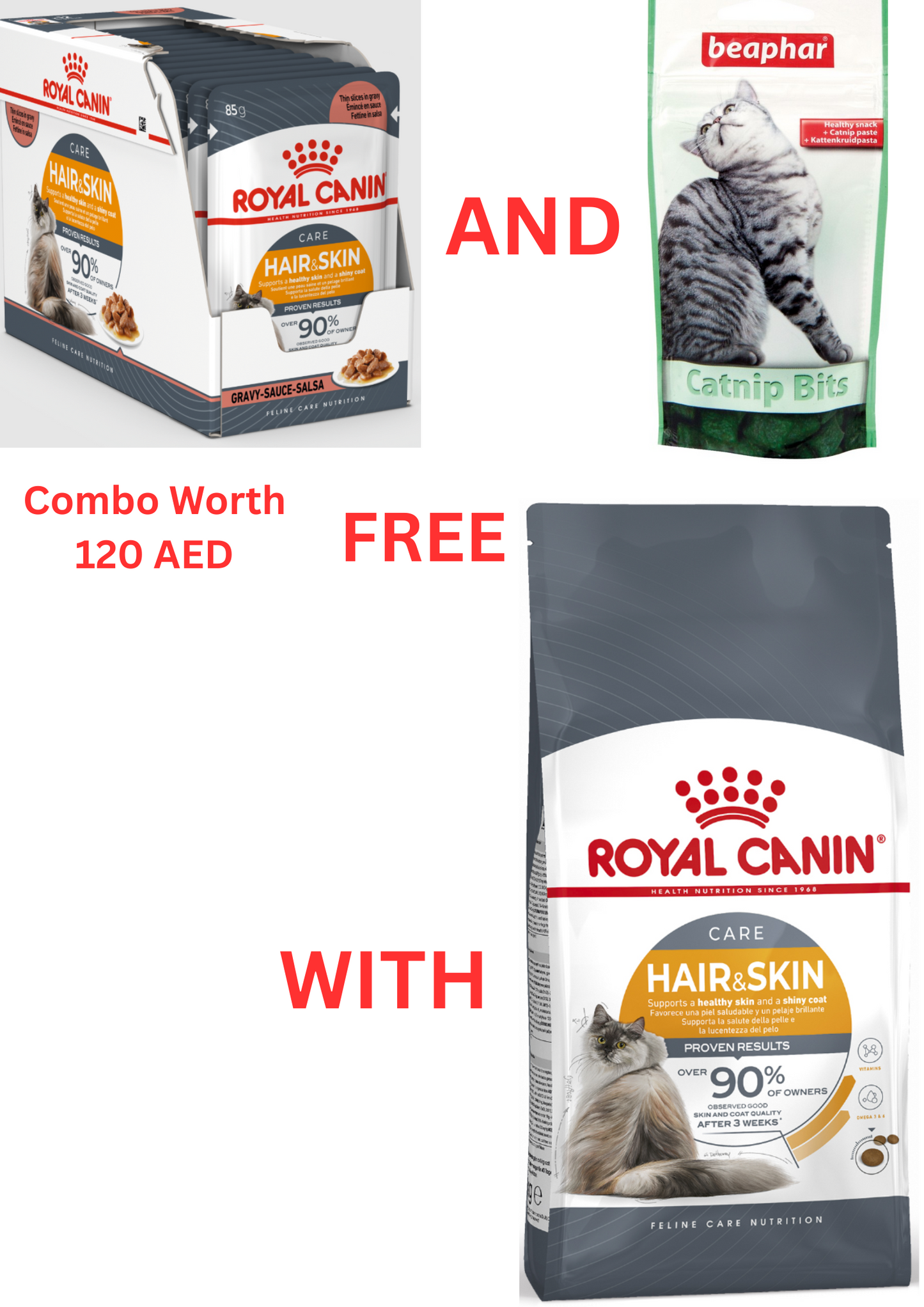 Buy 1 Get 2 Free. Buy a Royal Canin Feline Care Nutrition Hair & Skin 2 kg and GET FREE Royal Canin Feline Care Nutrition Hair & Skin Gravy (Wet Food - Pouches) 12 x 85 gm and also GET FREE Beaphar Catnip Bits 35Gm/ 75 Healthy Cat Treats