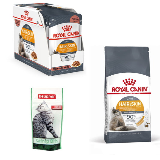 Buy 1 Get 2 Free. Buy a Royal Canin Feline Care Nutrition Hair & Skin 2 kg and GET FREE Royal Canin Feline Care Nutrition Hair & Skin Gravy (Wet Food - Pouches) 12 x 85 gm and also GET FREE Beaphar Catnip Bits 35Gm/ 75 Healthy Cat Treats