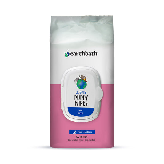earthbath® Ultra-Mild Puppy Wipes, Wild Cherry, Cleans  &  Conditions, 100 ct plant-based wipes in re-sealable pouch