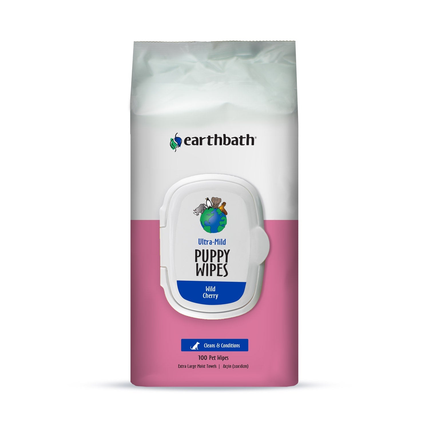 earthbath Ultra Mild Puppy Wipes Wild Cherry Cleans & Conditions 100 ct plant based wipes in re sealable pouch
