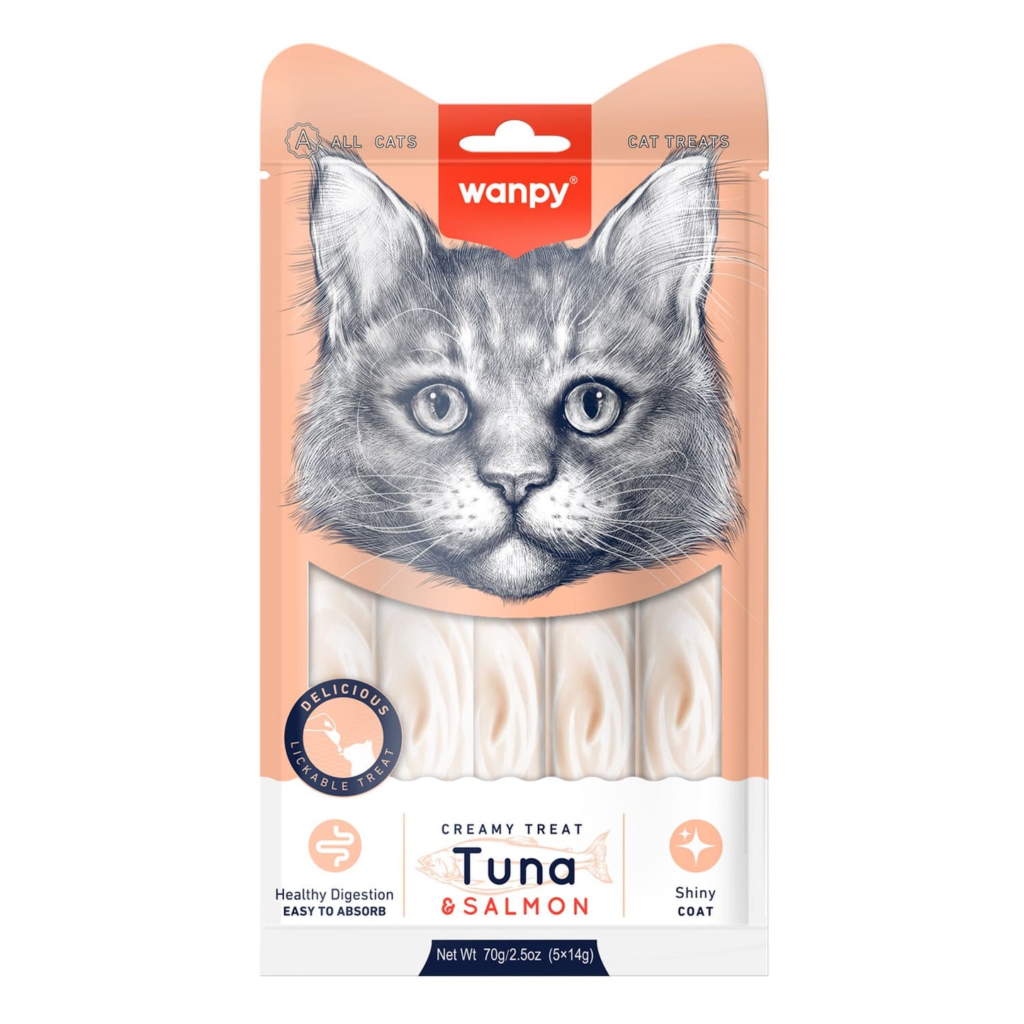 Wanpy Creamy Lickable Cat Treats - Tuna  &  Salmon (14gx5)