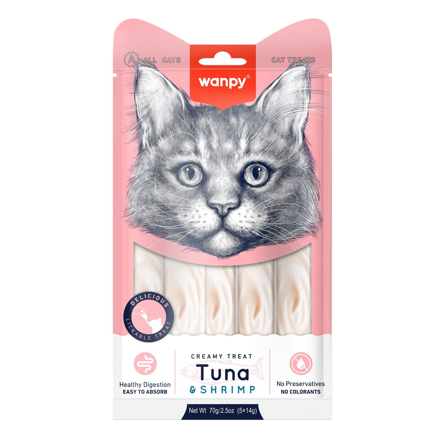 Wanpy Creamy Lickable Cat Treats - Tuna & Shrimp (14gx5)