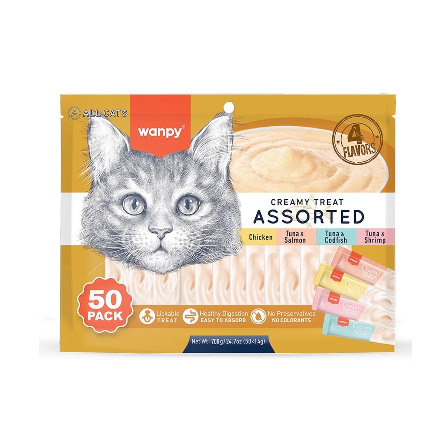 Wanpy Creamy Lickable Cat Treats Assorted – 4 Different Flavors (14g x 50pc)