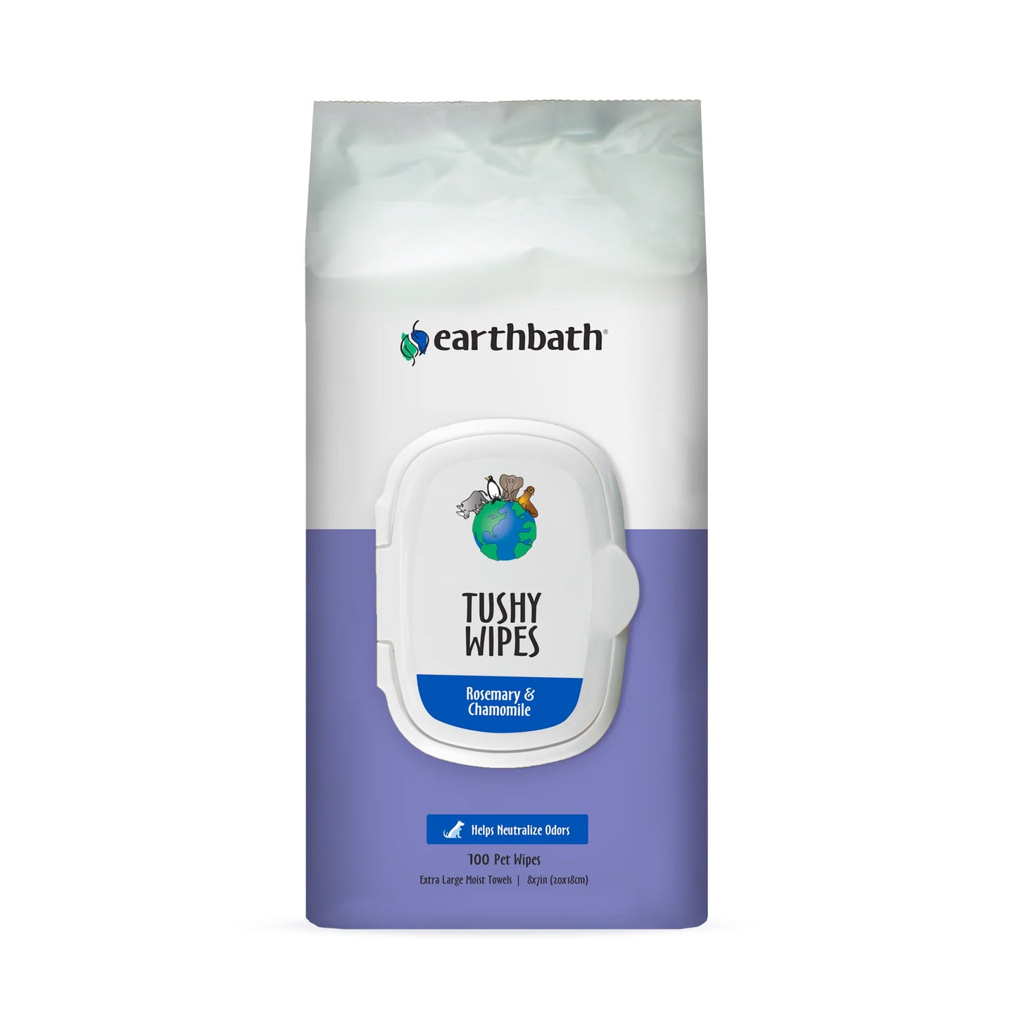 earthbath Tushy Wipes Rosemary & Chamomile Odor Eating Enzymes & Baking Soda 100 CT wipes in re sealable pouch