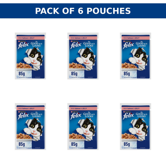 (85g) (Pack of 6 Pouches) Purina Felix Adult Cat Food with Salmon in Jelly – Wet Cat Food for Adult Cats
