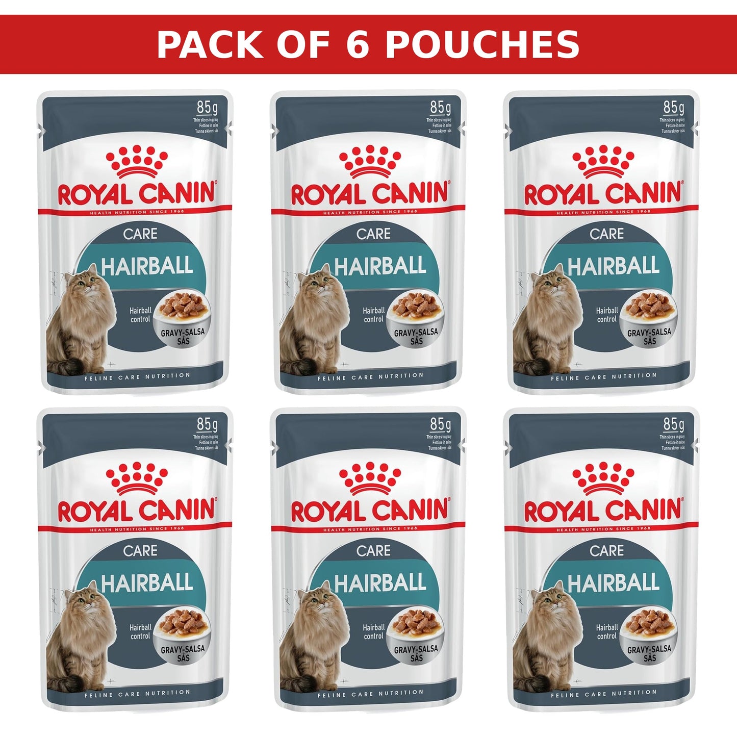 (Pack of 6 Pouches Only) x 85 gm Royal Canin Feline Care Nutrition Hairball Gravy