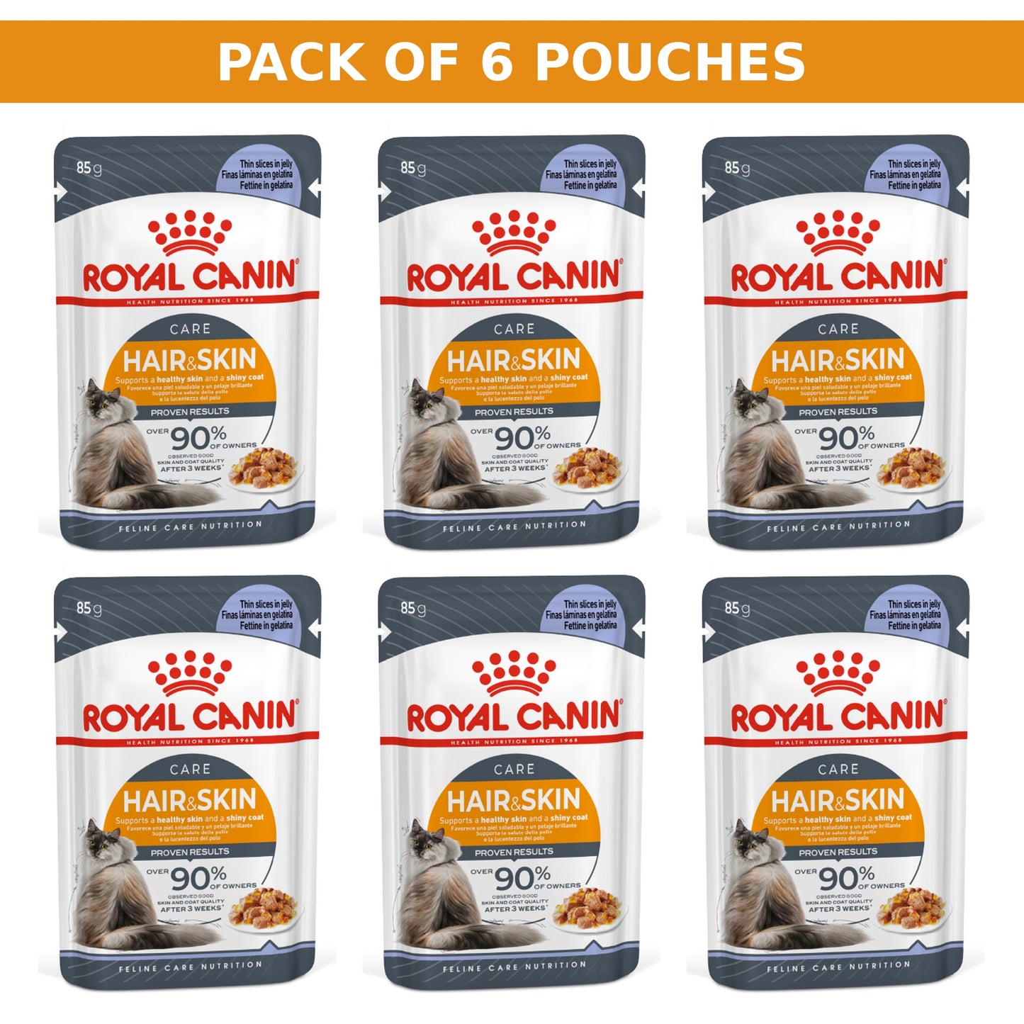 (Pack of 6 Pouches Only) x 85 gm Royal Canin Feline Care Nutrition Hair & Skin Jelly