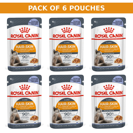 (Pack of 6 Pouches Only) x 85 gm Royal Canin Feline Care Nutrition Hair & Skin Jelly